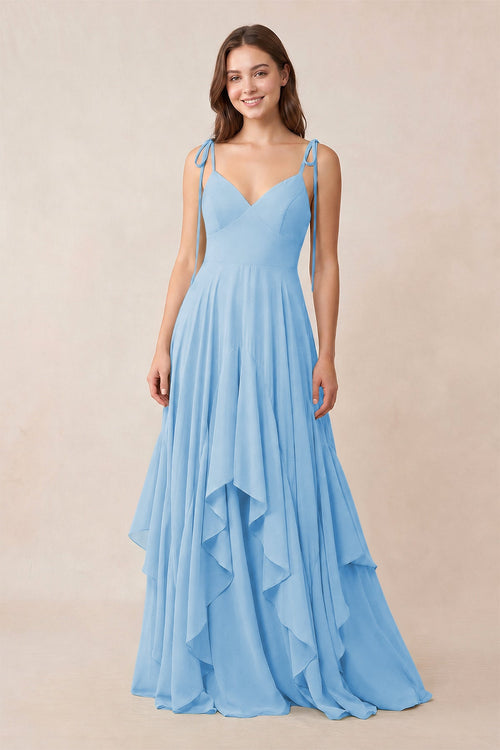 Cami Strap Ruffled A - Line Chiffon Bridesmaid Dress in Steel Blue - KissProm Bridesmaid Dresses