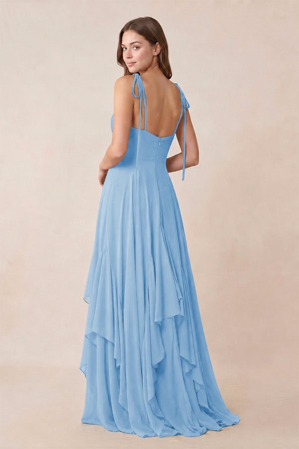 Cami Strap Ruffled A - Line Chiffon Bridesmaid Dress in Steel Blue - KissProm Bridesmaid Dresses