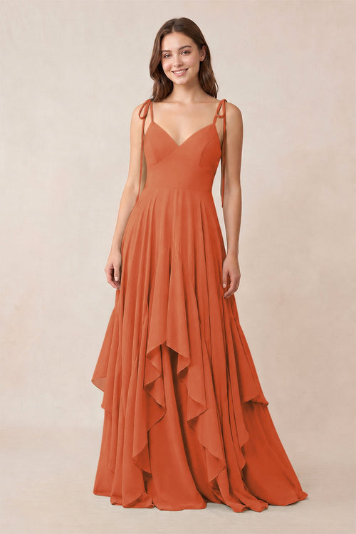Cami Strap Ruffled A - Line Chiffon Bridesmaid Dress in Terracotta - KissProm Bridesmaid Dresses