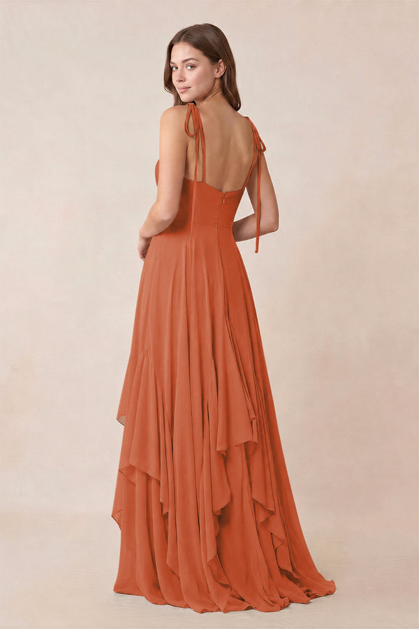 Cami Strap Ruffled A - Line Chiffon Bridesmaid Dress in Terracotta - KissProm Bridesmaid Dresses