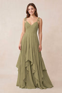Cami Strap Ruffled A - Line Chiffon Bridesmaid Dress in Thyme - KissProm Bridesmaid Dresses