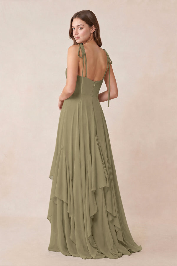 Cami Strap Ruffled A - Line Chiffon Bridesmaid Dress in Thyme - KissProm Bridesmaid Dresses