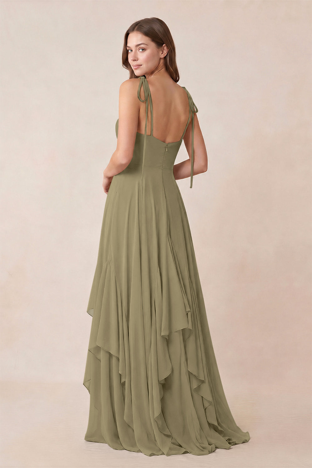 Cami Strap Ruffled A - Line Chiffon Bridesmaid Dress in Thyme - KissProm Bridesmaid Dresses