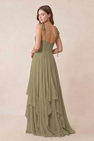 Cami Strap Ruffled A - Line Chiffon Bridesmaid Dress in Thyme - KissProm Bridesmaid Dresses
