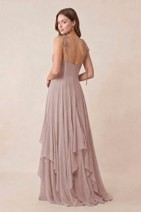 Cami Strap Ruffled A - Line Chiffon Bridesmaid Dress in Toffee - KissProm Bridesmaid Dresses