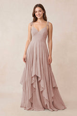 Cami Strap Ruffled A - Line Chiffon Bridesmaid Dress in Toffee - KissProm Bridesmaid Dresses