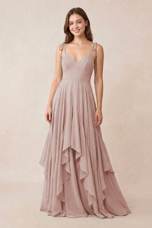 Cami Strap Ruffled A - Line Chiffon Bridesmaid Dress in Toffee - KissProm Bridesmaid Dresses