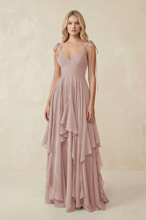 Cami Strap Ruffled A - Line Chiffon Bridesmaid Dress in Toffee - KissProm Bridesmaid Dresses