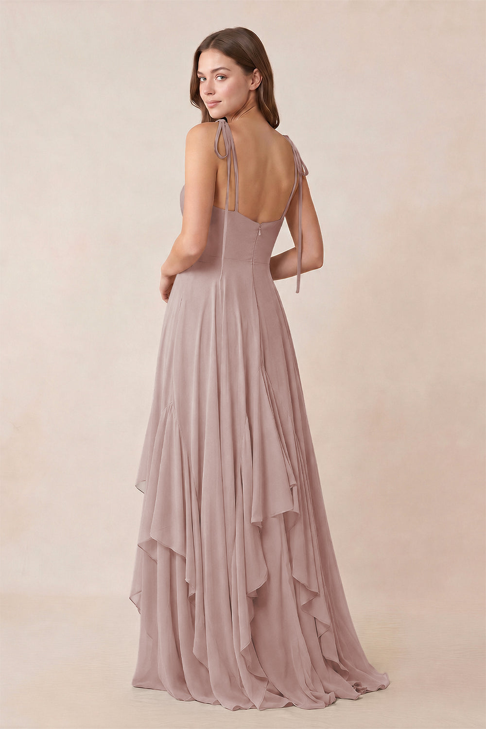 Cami Strap Ruffled A - Line Chiffon Bridesmaid Dress in Toffee - KissProm Bridesmaid Dresses