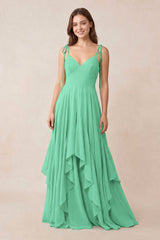Cami Strap Ruffled A - Line Chiffon Bridesmaid Dress in Turquoise - KissProm Bridesmaid Dresses