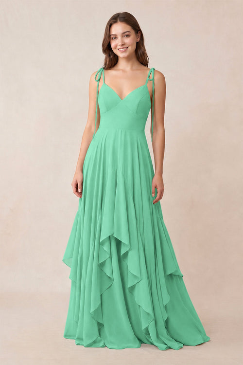 Cami Strap Ruffled A - Line Chiffon Bridesmaid Dress in Turquoise - KissProm Bridesmaid Dresses