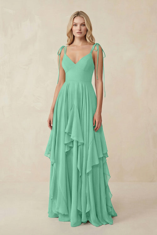 KissProm | Ruffled Chiffon A-Line Cami Strap Bridesmaid Gown in Turquoise KissProm | Ruffled Chiffon A-Line Cami Strap Bridesmaid Gown in Turquoise