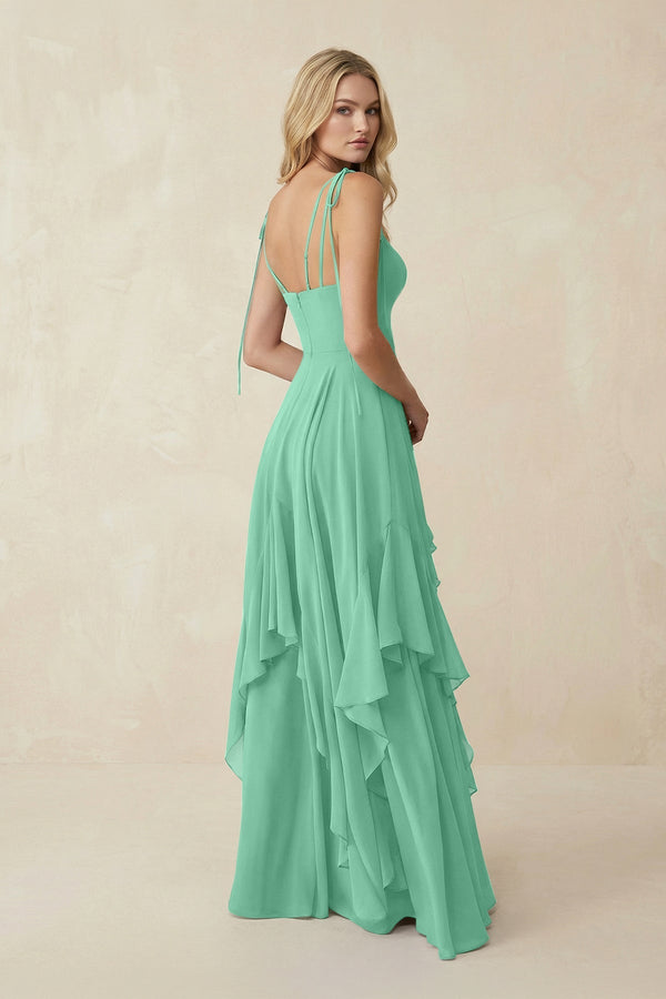 KissProm | Ruffled Chiffon A-Line Cami Strap Bridesmaid Gown in Turquoise