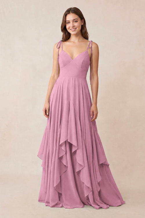 Cami Strap Ruffled A - Line Chiffon Bridesmaid Dress in Vintage Mauve - KissProm Bridesmaid Dresses
