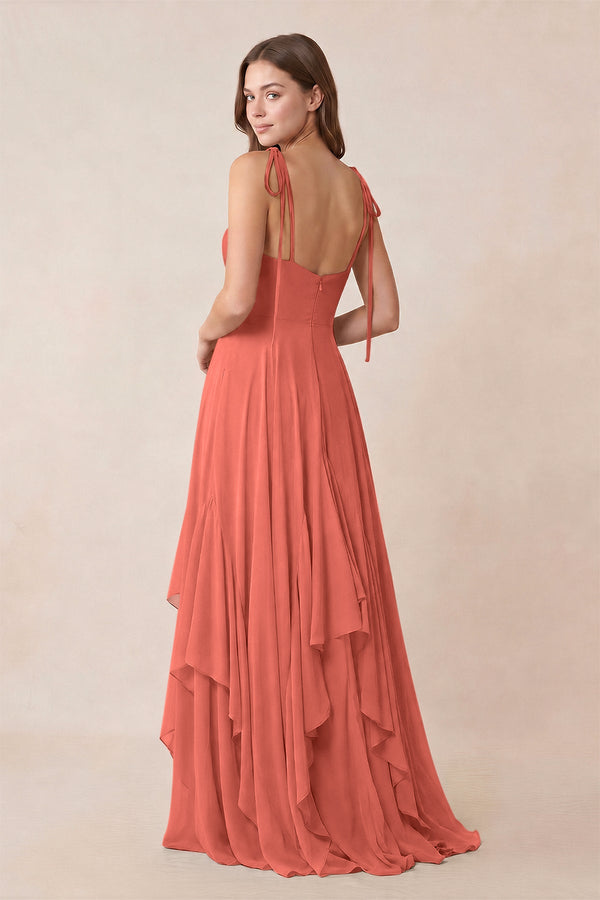 Cami Strap Ruffled A - Line Chiffon Bridesmaid Dress in Wild Rose - KissProm Bridesmaid Dresses