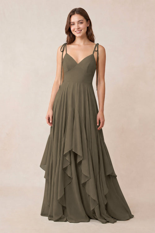 Cami Strap Ruffled A - Line Chiffon Bridesmaid Dress in Willow Green - KissProm Bridesmaid Dresses