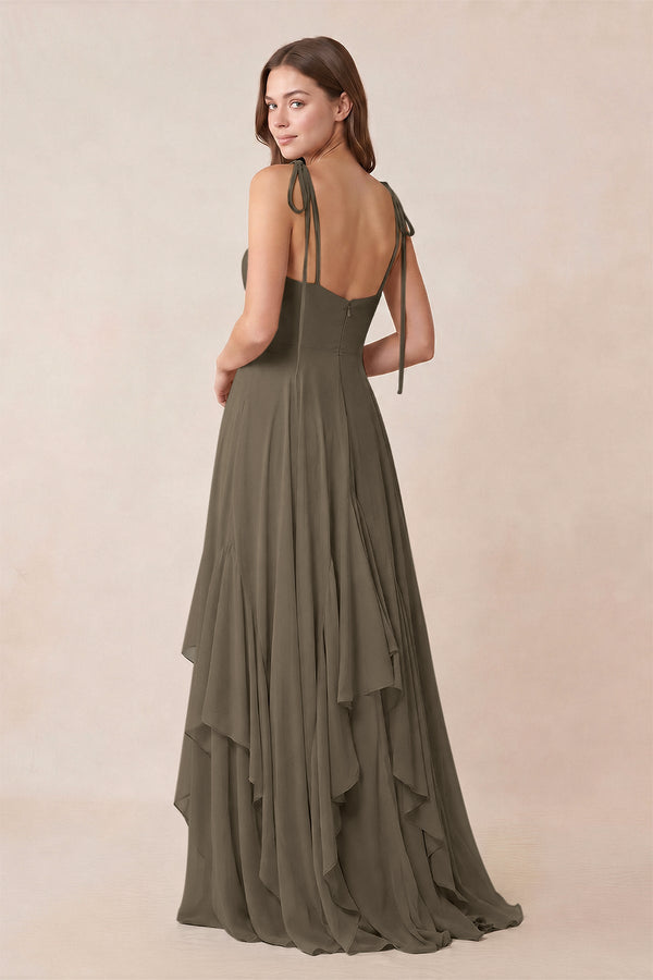 Cami Strap Ruffled A - Line Chiffon Bridesmaid Dress in Willow Green - KissProm Bridesmaid Dresses