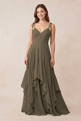Cami Strap Ruffled A - Line Chiffon Bridesmaid Dress in Willow Green - KissProm Bridesmaid Dresses
