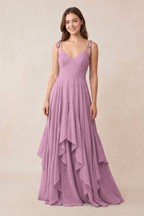 Cami Strap Ruffled A - Line Chiffon Bridesmaid Dress in Wisteria - KissProm Bridesmaid Dresses