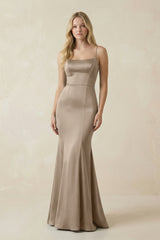 Cami Strap Ruffled Satin Bridesmaid Dress With Bow in Almond - KissProm Bridesmaid Dresses