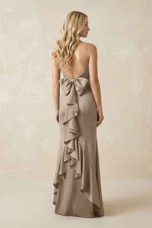 Cami Strap Ruffled Satin Bridesmaid Dress With Bow in Almond - KissProm Bridesmaid Dresses