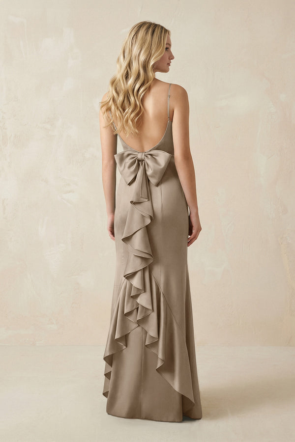 Cami Strap Ruffled Satin Bridesmaid Dress With Bow in Almond - KissProm Bridesmaid Dresses