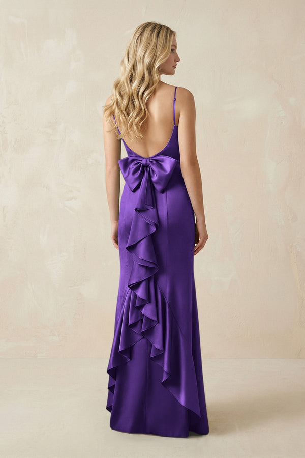 Cami Strap Ruffled Satin Bridesmaid Dress With Bow in Amethyst - KissProm Bridesmaid Dresses