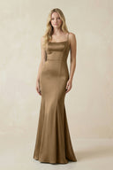 Cami Strap Ruffled Satin Bridesmaid Dress With Bow in Apple Cinnamon - KissProm Bridesmaid Dresses