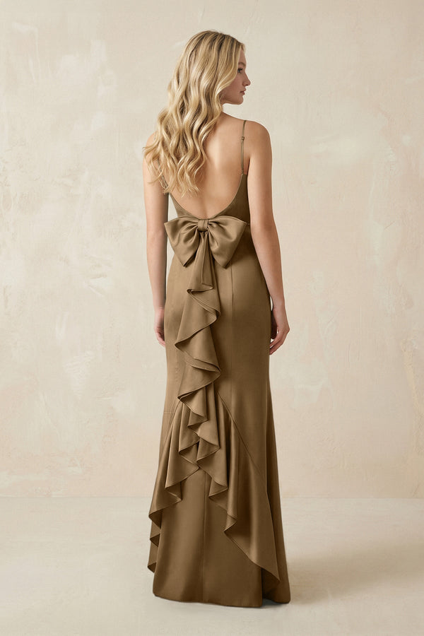 Cami Strap Ruffled Satin Bridesmaid Dress With Bow in Apple Cinnamon - KissProm Bridesmaid Dresses