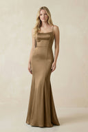 Cami Strap Ruffled Satin Bridesmaid Dress With Bow in Apple Cinnamon - KissProm Bridesmaid Dresses