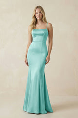 Cami Strap Ruffled Satin Bridesmaid Dress With Bow in Aqua - KissProm Bridesmaid Dresses