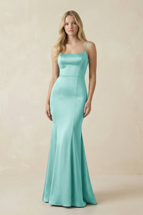 Cami Strap Ruffled Satin Bridesmaid Dress With Bow in Aqua - KissProm Bridesmaid Dresses
