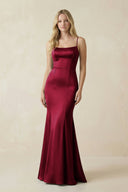 Cami Strap Ruffled Satin Bridesmaid Dress With Bow in Berry - KissProm Bridesmaid Dresses