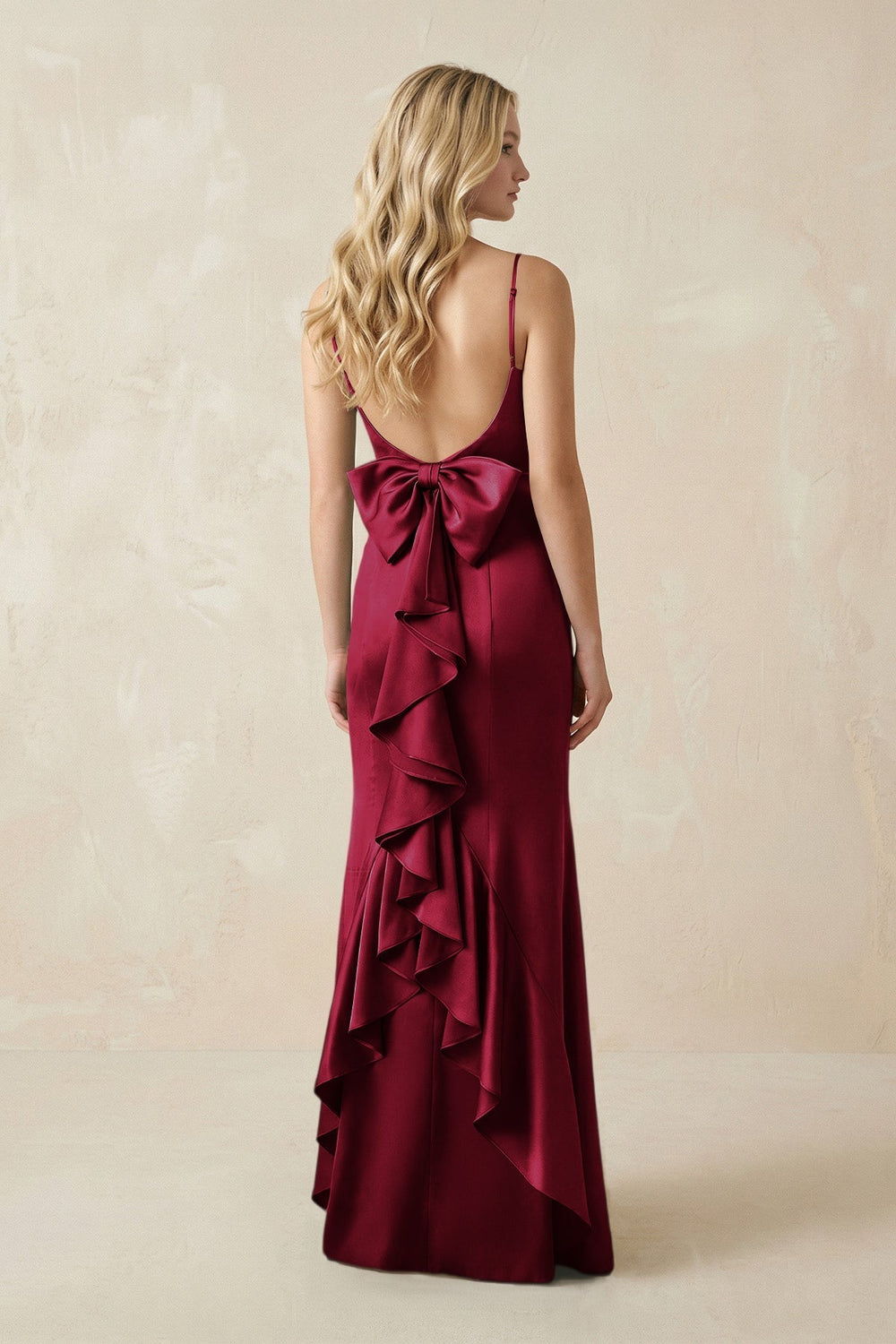 Cami Strap Ruffled Satin Bridesmaid Dress With Bow in Berry - KissProm Bridesmaid Dresses