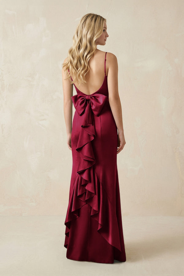 Cami Strap Ruffled Satin Bridesmaid Dress With Bow in Berry - KissProm Bridesmaid Dresses
