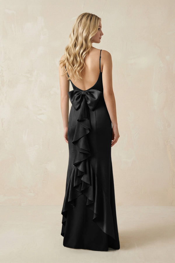 Cami Strap Ruffled Satin Bridesmaid Dress With Bow in Black - KissProm Bridesmaid Dresses