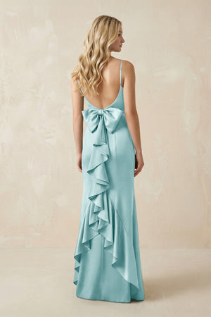 Cami Strap Ruffled Satin Bridesmaid Dress With Bow in Bleached Aqua - KissProm Bridesmaid Dresses