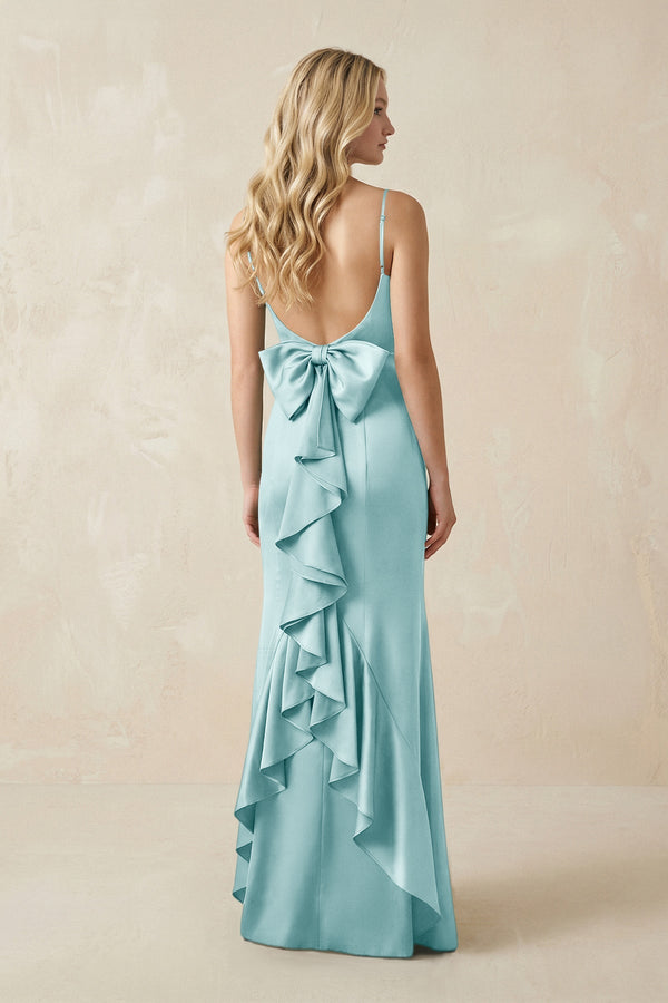 Cami Strap Ruffled Satin Bridesmaid Dress With Bow in Bleached Aqua - KissProm Bridesmaid Dresses