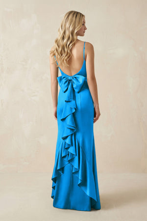 Cami Strap Ruffled Satin Bridesmaid Dress With Bow in Blue Jay - KissProm Bridesmaid Dresses