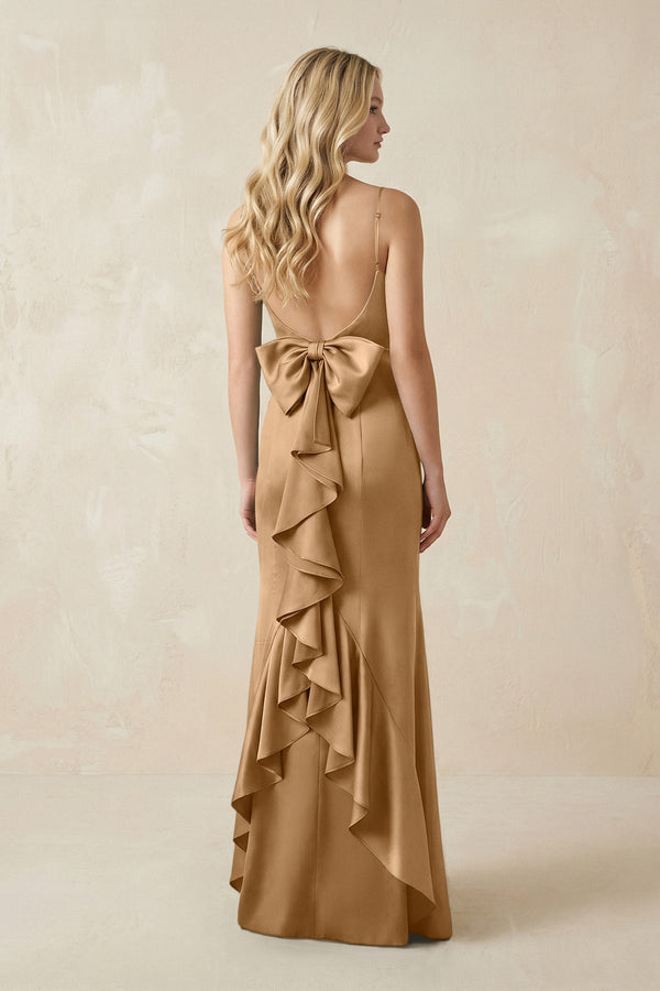 Cami Strap Ruffled Satin Bridesmaid Dress With Bow in Bronzer - KissProm Bridesmaid Dresses