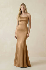 Cami Strap Ruffled Satin Bridesmaid Dress With Bow in Bronzer - KissProm Bridesmaid Dresses