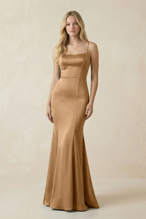 Cami Strap Ruffled Satin Bridesmaid Dress With Bow in Bronzer - KissProm Bridesmaid Dresses