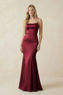 Cami Strap Ruffled Satin Bridesmaid Dress With Bow in Burgundy - KissProm Bridesmaid Dresses