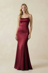 Cami Strap Ruffled Satin Bridesmaid Dress With Bow in Burgundy - KissProm Bridesmaid Dresses