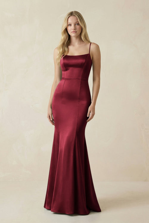 Cami Strap Ruffled Satin Bridesmaid Dress With Bow in Burgundy - KissProm Bridesmaid Dresses