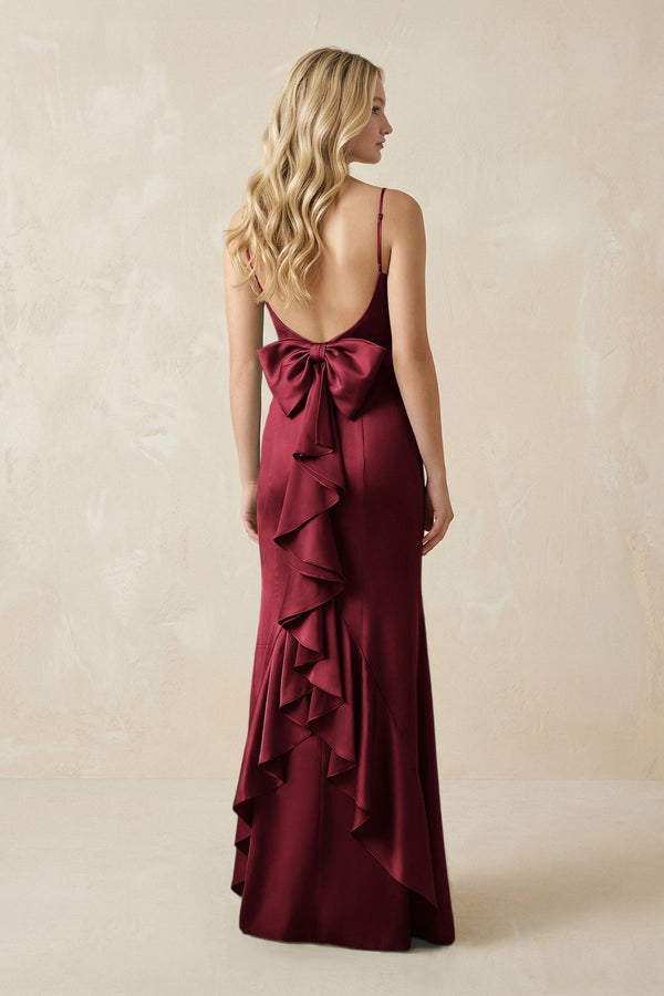 Cami Strap Ruffled Satin Bridesmaid Dress With Bow in Burgundy - KissProm Bridesmaid Dresses