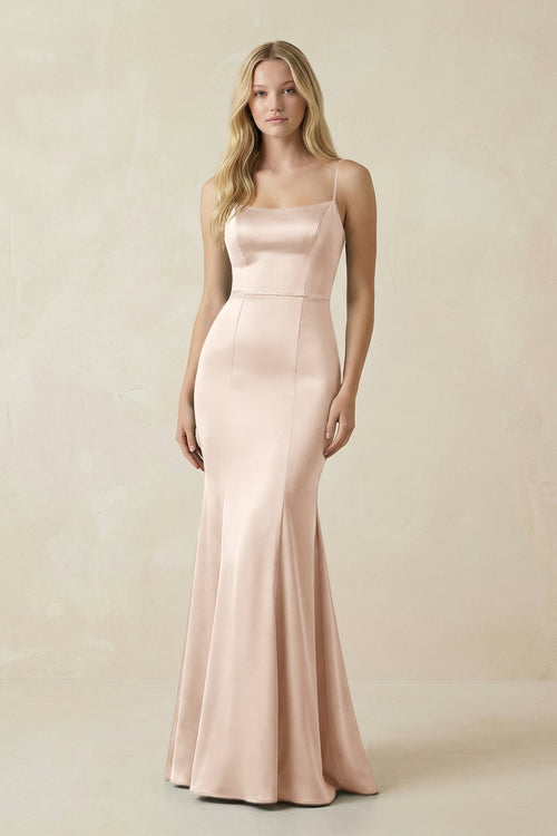 Cami Strap Ruffled Satin Bridesmaid Dress With Bow in Buttercream - KissProm Bridesmaid Dresses