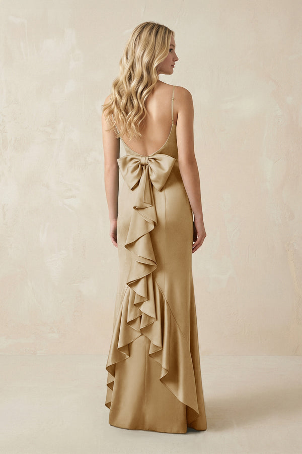 Cami Strap Ruffled Satin Bridesmaid Dress With Bow in Champagne - KissProm Bridesmaid Dresses