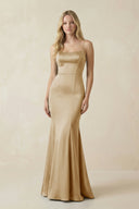 Cami Strap Ruffled Satin Bridesmaid Dress With Bow in Champagne - KissProm Bridesmaid Dresses