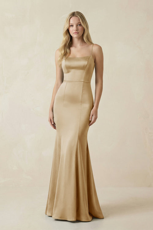 Cami Strap Ruffled Satin Bridesmaid Dress With Bow in Champagne - KissProm Bridesmaid Dresses